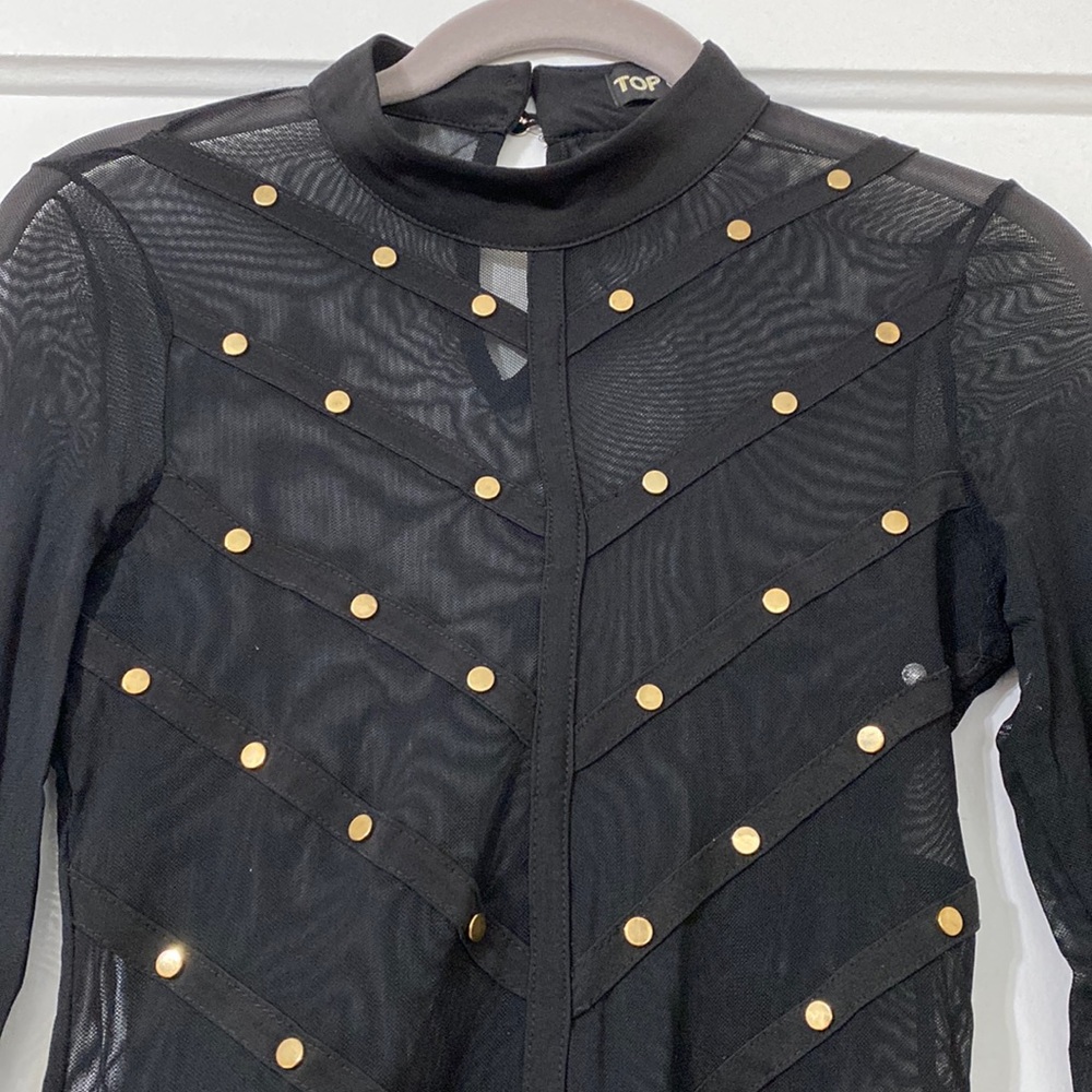 Sheer long sleeve bodysuit with gold details